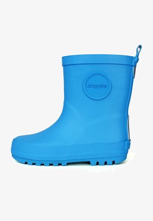 Blue rubber rain boot with a round logo, textured sole, smooth body, and a pull tab on the back. The top is straight and sturdy.