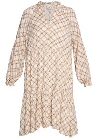 Long-sleeve, tiered dress in light beige with a geometric golden and gray pattern. Features a ruffled neckline and elasticized cuffs.