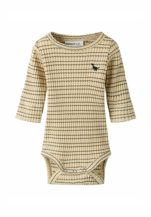 Body bébé beige côtelé avec des rayures horizontales noires, manches trois-quarts, boutons pression à l'entrejambe et petit logo dinosaure noir sur la poitrine.