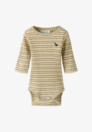 Beige geribd babyrompertje met zwarte horizontale strepen, driekwart mouwen, drukknoopjes in het kruis en een klein zwart dinosauruslogo op de borst.