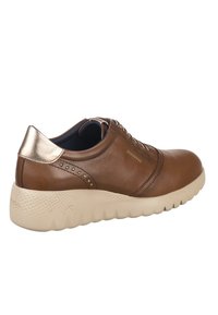 Zapatilla de piel marrón con un acento metálico dorado, cuello acolchado y suela texturizada en crema. Cuenta con cordones y detalles de remaches.