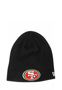 Schwarze Strickmütze mit einem roten und weißen Patch des San Francisco 49ers Logos auf der Vorderseite und einem kleinen weißen Logotag an der Seite.