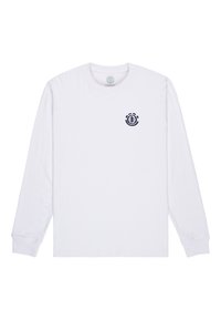 Camicia bianca a maniche lunghe in cotone con collo rotondo e un logo circolare blu marino con un design ad albero sul lato sinistro del petto.