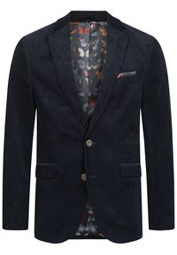 Marineblå kordfløyel blazer med gullknapper, klassiske lapeller og mønstret sommerfugl-fôr. Inkluderer en frontlomme og to sidelommer.