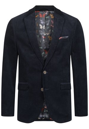 Marineblå fløjelsblazer med gyldne knapper, slå-om klapper og et mønstrede sommerfugl-for. Inkluderer en forlommer og to sidelommer.