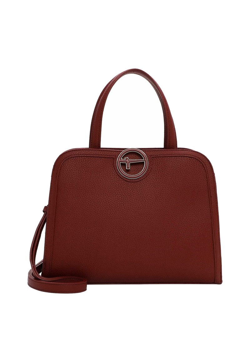 Rød læderhåndtaske med små korn, der har en struktureret rektangulær form, dobbelte håndtag øverst og en aftagelig rem. Har et rundt metallogo som pynt.