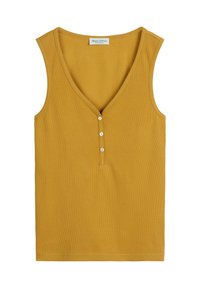 Senfgelbes, geripptes Tanktop mit V-Ausschnitt und fünf weißen Knöpfen auf der Vorderseite. Ohne Ärmel, weicher Stoff und eine taillierte Silhouette.