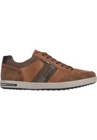 Bruna lädersneakers med mörkbruna detaljer, med randig dekoration, runda snören och en gummi-sula med texturerad yta.