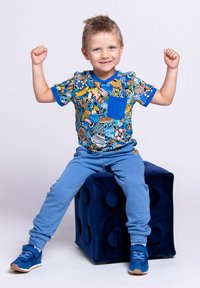 Kolorowa koszulka w wzory z niebieskimi akcentami, sparowana z jasnoniebieskimi spodniami i niebieskimi butami. Siedzi na ciemnoniebieskiej, teksturowanej kostce.