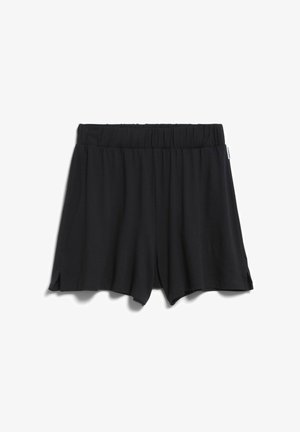 Zwarte losse shorts met elastische tailleband en kleine zijsplitten, plat liggend op een witte achtergrond.