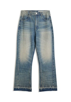 Light blue denim jeans with a slightly faded finish, straight leg cut, five pockets, and raw hem details. No visible hardware accents.