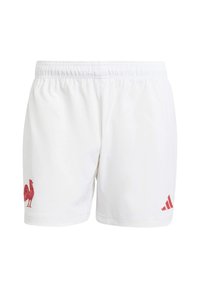Shorts de sport blancs en tissu lisse, avec un emblème de coq rouge sur la jambe gauche et des rayures rouges Adidas sur le bas droit.