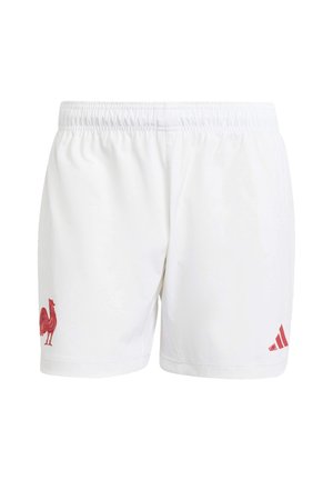 Witte sportshorts van gladde stof met een rood hanenembleem op het linkerbeen en rode Adidas-strepen aan de onderzijde van de rechterkant.