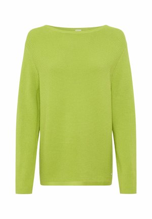 Maglione verde lavorato a maglia con vestibilità ampia, scollo largo e maniche lunghe; presenta costine orizzontali e un piccolo logo di accento all'orlo.