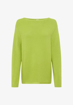 Grüner Strickpullover mit weiter Passform, weitem Ausschnitt und langen Ärmeln; verfügt über horizontale Rippung und ein kleines Logoakzent am Saum.