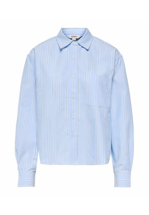 Helehall sinine pikkade varrukatega särk, millel on valged vertikaalsed triibud ja rinnatasku, klassikaline krae ning nööbitavad mansetid.