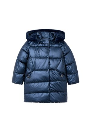 Giacca a piumino trapuntata blu navy con cappuccio, due tasche frontali con bottoni a pressione e finitura lucida.