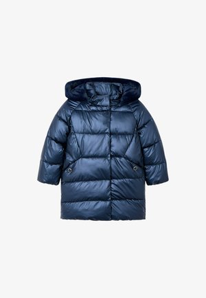 Giacca a piumino trapuntata blu navy con cappuccio, due tasche frontali con bottoni a pressione e finitura lucida.