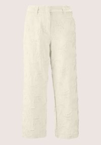 Crème-kleurige broeken met een gestructureerd bloemenpatroon. Gemaakt van lichte stof met een rechtvallend ontwerp en een standaard tailleband.