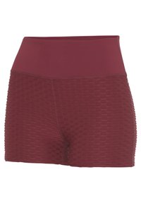 Weinrote Sportshorts aus strukturiertem Stoff mit geometrischem Muster, hohem Bund und glattem Nähten für Komfort und Passform.