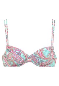 Bikini-Oberteil mit Paisleymuster in den Farben Türkis, Pink und Weiß. Verstellbare dünne Träger und gerafftes Design.