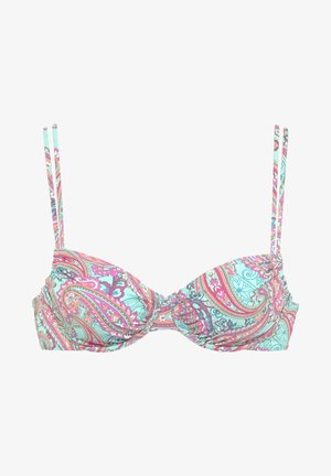Biustonosz bikini w wzór paisley, w odcieniach turkusu, różu i bieli. Regulowane cienkie ramiączka oraz marszczony design materiału.