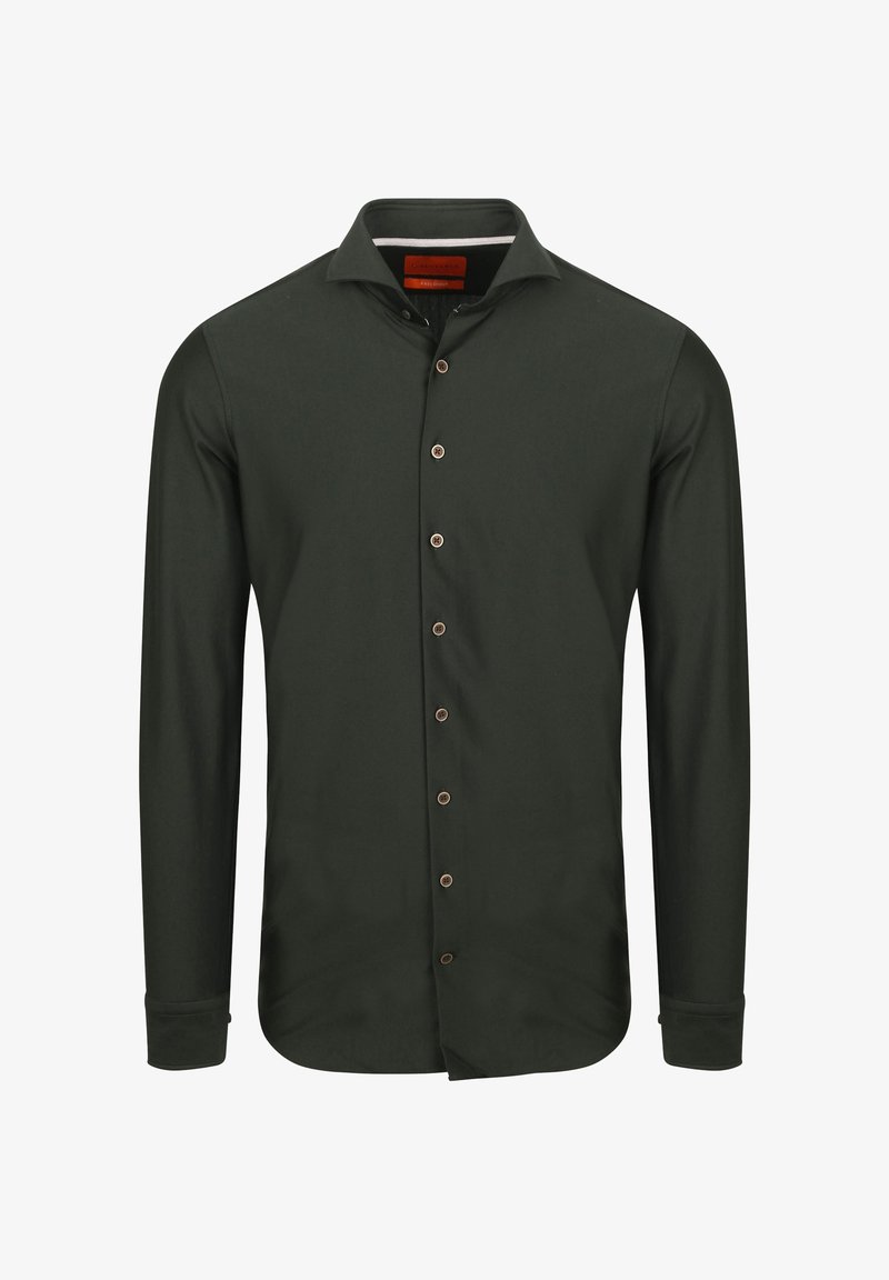 Donkergroen overhemd met lange mouwen en knopen aan de voorkant, voorzien van een puntige kraag, bruine knopen en een gladde, gestructureerde stof. Aansluitende pasvorm, afgeronde zoom.