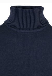 Pull à col roulé bleu marine en tissu tricoté côtelé, doté d'un col haut et d'une texture lisse. Aucuns motifs ni accessoires visibles.