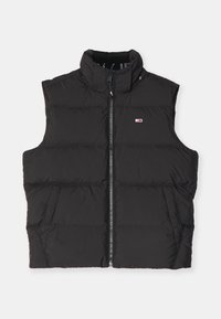 Black puffer vest with a high collar, front zip closure, and side pockets. Features quilted design and a small logo on the chest.