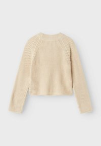 Beige pletena jopica z dolgimi rokavi, z ribastim potiskom, okroglo ovratnico in krajšim krojem. Ima raglan rokave in preprost dizajn.