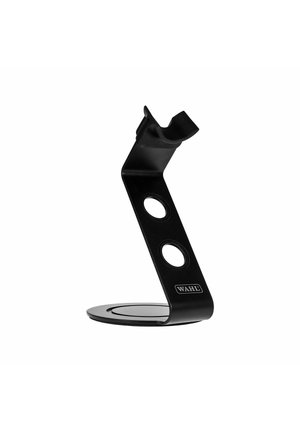 Black metal clipper stand with a curved top and circular base. Features two holes on the side for stability and branding at the base.