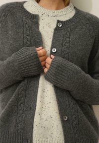 Cárdigan gris de punto con un patrón de trenzado y puños acanalados, que presenta un cierre de botón y se lleva sobre un suéter crema moteado.