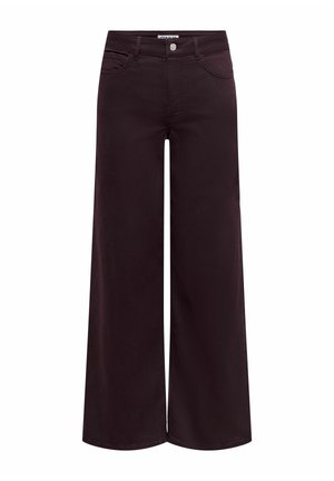 Schwarze Hose mit weitem Bein, vorderem Knopf und Reißverschluss, zwei Vordertaschen und Gürtelschlaufen, auf weißem Hintergrund dargestellt.