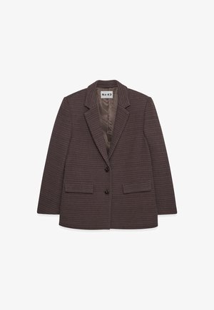 Struktuurne tumepruun bleiser, millel on nurgeline kaelus, kahe nupuga sulgemine ja kaks eesmist taskut, millel on sile sisevooder.