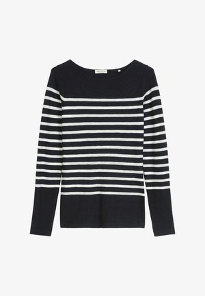 Navyblaues Langarmshirt mit horizontalen weißen Streifen, Rundhalsausschnitt und lockerer Passform, aus einem weichen Stoff gefertigt.