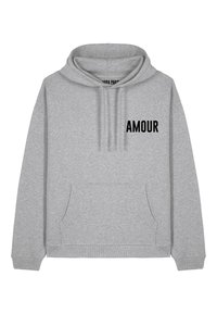 Hoodie gris en mélange de coton. Présente une poche kangourou, un capuchon avec cordon de serrage et le texte noir "AMOUR" sur la poitrine.