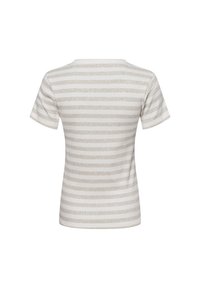 Short-sleeve, crew-neck t-shirt in light gray, featuring horizontal stripes in darker gray. Soft fabric with a smooth texture.