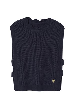 Marineblaue gestrickte ärmellose Pulloverweste mit geripptem Rundhalsausschnitt und kleinem gelben Herzdetail nahe dem Saum.