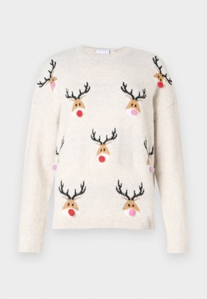 Cremefarvet sweater med gentagne rensdyransigt, der har sorte gevirer og skiftende røde og lyserøde pompom-næser over fronten og ærmerne.