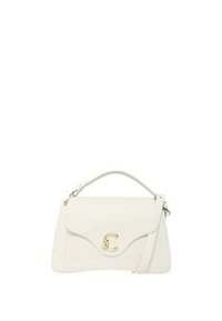 Borsa a tracolla in pelle bianca con finitura testurizzata, dotata di una patta frontale, accessori dorati e una tracolla rimovibile.