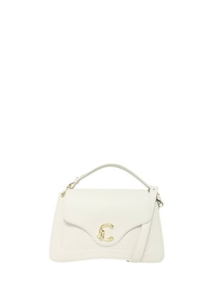 Borsa a tracolla in pelle bianca con finitura testurizzata, dotata di una patta frontale, accessori dorati e una tracolla rimovibile.