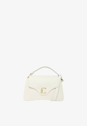 Borsa a tracolla in pelle bianca con finitura testurizzata, dotata di una patta frontale, accessori dorati e una tracolla rimovibile.