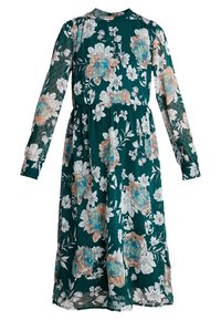 Kwiatowa sukienka z turkusowego materiału, z długimi przezroczystymi rękawami, okrągłym dekoltem, zwężoną talią oraz mieszanką dużych białych i pastelowych kwiatów.