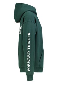 Grüne Kapuzenjacke aus weichem Material, mit einer Kängurutasche, gerippten Bündchen und dem weißen Text "FORWARD THINKER" auf dem Ärmel.