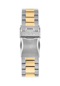 Metall-Uhrenarmband mit abwechselnd silbernen und goldenen Gliedern, gebürsteter Oberfläche und einer Druckknopf-Schnalle, die mit "JACQUES LEMANS" graviert ist.