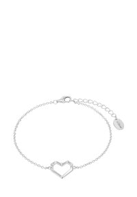 Bracciale in argento con un charm a forma di cuore geometrico. Il design include un moschettone e una catena regolabile per la misura.