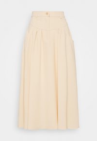 Beige midi kjol med hög midja, plisserad design, sidofickor och en enda knappstängning framtill. Slät textur.