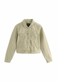 Lichtgroene denimjas met een gestructureerde kraag, twee voorzakken, knoopsluiting en lange mouwen. Zachte textuur en klassiek ontwerp.