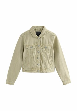 Light green denim jacket with a structured collar, two front pockets, button closure, and long sleeves. Soft texture and classic design.