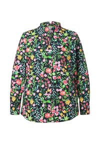 Camisa de manga larga con botones en negro con un vibrante patrón floral que presenta tonos de rosa, amarillo y verde. Tejido ligero con cuello.